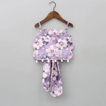 Lavender & white floral digital print rayon lehenga choli sleeveless scallop-edge top for girls (2 pc set) 3