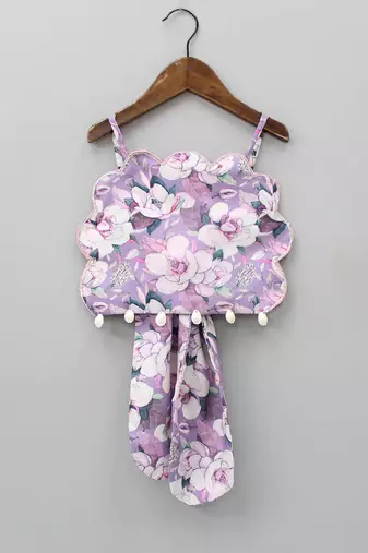 Lavender & white floral digital print rayon lehenga choli sleeveless scallop-edge top for girls (2 pc set)