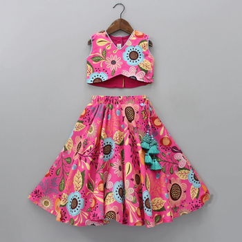 Pink multi-color floral digital print rayon lehenga choli for girls sleeveless crop top with tassel accent (2 pc set) 1