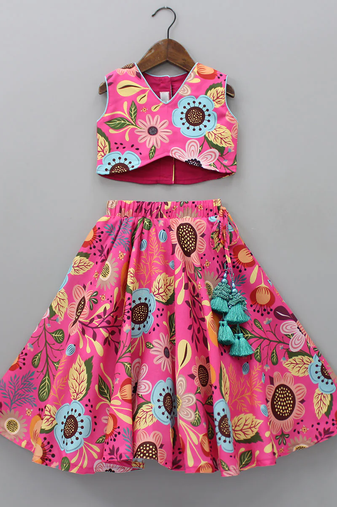 Pink multi-color floral digital print rayon lehenga choli for girls – sleeveless crop top with tassel accent (2 pc set)