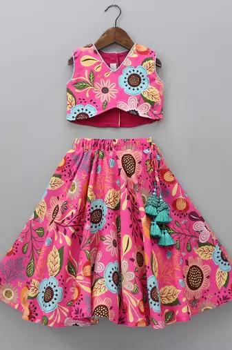 Pink multi-color floral digital print rayon lehenga choli for girls – sleeveless crop top with tassel accent (2 pc set)