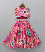 Pink multi-color floral digital print rayon lehenga choli for girls sleeveless crop top with tassel accent (2 pc set)