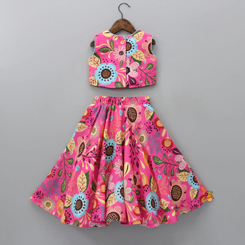 Pink multi-color floral digital print rayon lehenga choli for girls sleeveless crop top with tassel accent (2 pc set) 2