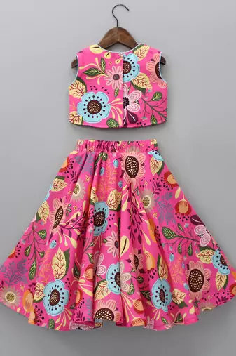 Pink multi-color floral digital print rayon lehenga choli for girls sleeveless crop top with tassel accent (2 pc set)