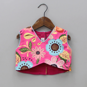Pink multi-color floral digital print rayon lehenga choli for girls sleeveless crop top with tassel accent (2 pc set) 3