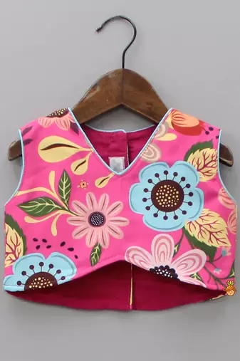 Pink multi-color floral digital print rayon lehenga choli for girls sleeveless crop top with tassel accent (2 pc set)