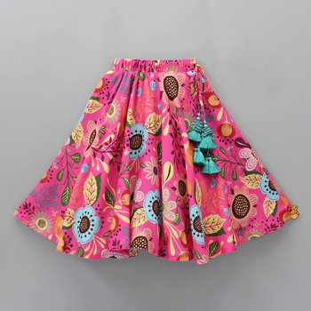 Pink multi-color floral digital print rayon lehenga choli for girls sleeveless crop top with tassel accent (2 pc set) 4