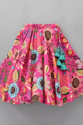 Pink multi-color floral digital print rayon lehenga choli for girls sleeveless crop top with tassel accent (2 pc set)