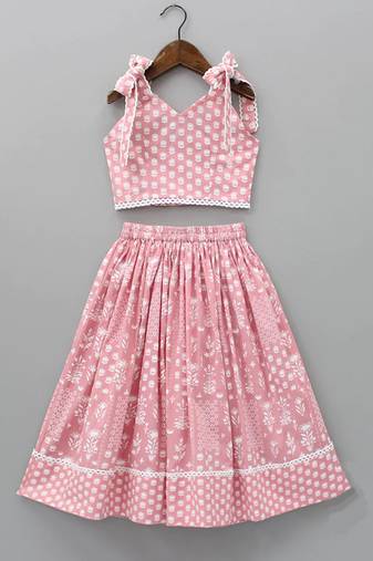 Pink & white digital print rayon lehenga choli for girls – sleeveless tie-up shoulder top (2 pc set)