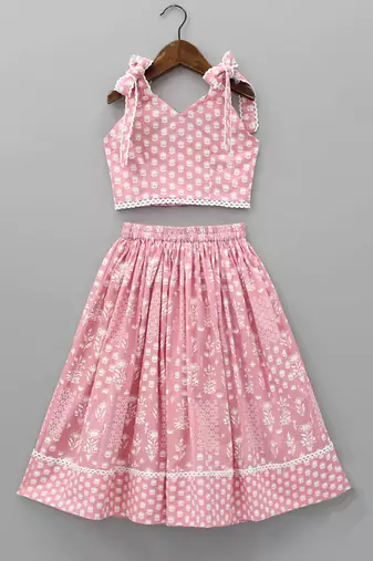 Pink & white digital print rayon lehenga choli for girls – sleeveless tie-up shoulder top (2 pc set)