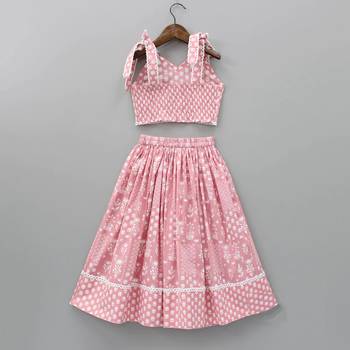 Pink & white digital print rayon lehenga choli for girls sleeveless tie-up shoulder top (2 pc set) 2