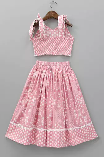 Pink & white digital print rayon lehenga choli for girls sleeveless tie-up shoulder top (2 pc set)