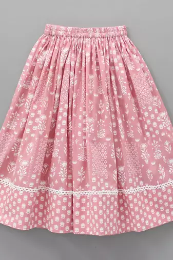 Pink & white digital print rayon lehenga choli for girls sleeveless tie-up shoulder top (2 pc set)