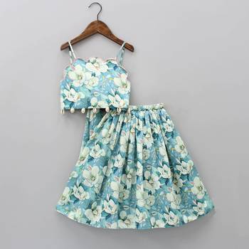 Sky blue digital floral print rayon lehenga choli for girls scallop neck top with shell detailing (2 pc set) 1
