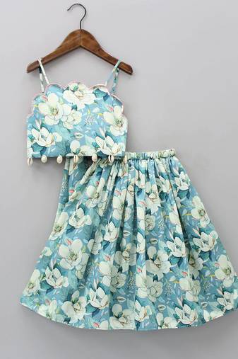 Sky blue digital floral print rayon lehenga choli for girls – scallop neck top with shell detailing (2 pc set)