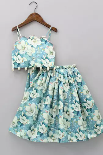 Sky blue digital floral print rayon lehenga choli for girls – scallop neck top with shell detailing (2 pc set)
