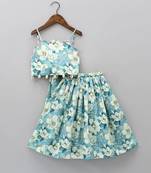 Sky blue digital floral print rayon lehenga choli for girls scallop neck top with shell detailing (2 pc set)