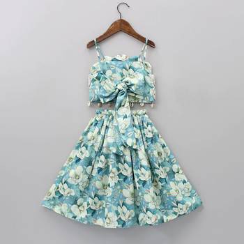 Sky blue digital floral print rayon lehenga choli for girls scallop neck top with shell detailing (2 pc set) 2