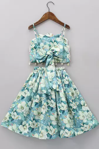 Sky blue digital floral print rayon lehenga choli for girls scallop neck top with shell detailing (2 pc set)