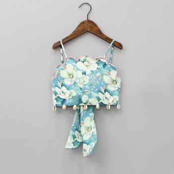 Sky blue digital floral print rayon lehenga choli for girls scallop neck top with shell detailing (2 pc set) 3