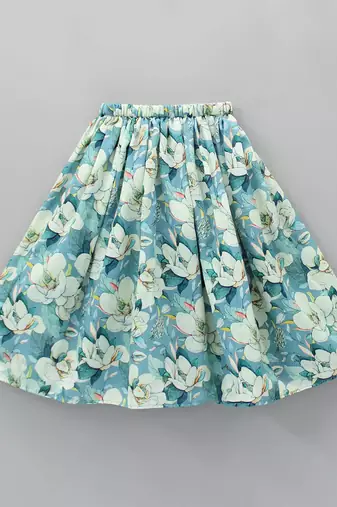 Sky blue digital floral print rayon lehenga choli for girls scallop neck top with shell detailing (2 pc set)