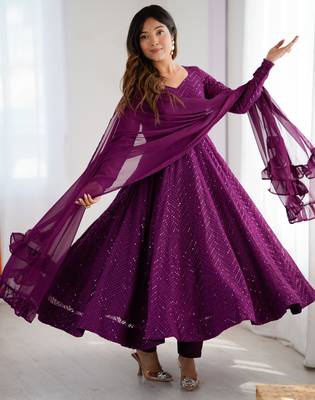 Designer Peach Embroidered Anarkali Dress With Ruffle Dupatta Ethnic Wear For Women 1