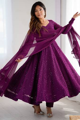 Designer Peach Embroidered Anarkali Dress With Ruffle Dupatta Ethnic Wear For Women