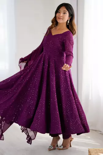 Designer Peach Embroidered Anarkali Dress With Ruffle Dupatta Ethnic Wear For Women