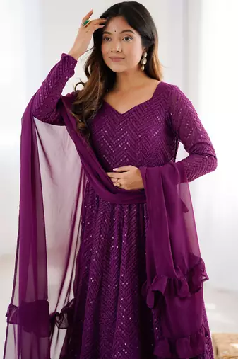 Designer Peach Embroidered Anarkali Dress With Ruffle Dupatta Ethnic Wear For Women