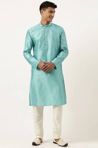 Bluish green jacquard silk kurta pajama