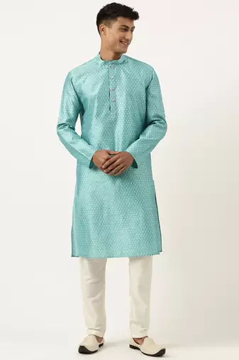 Bluish green jacquard silk kurta pajama