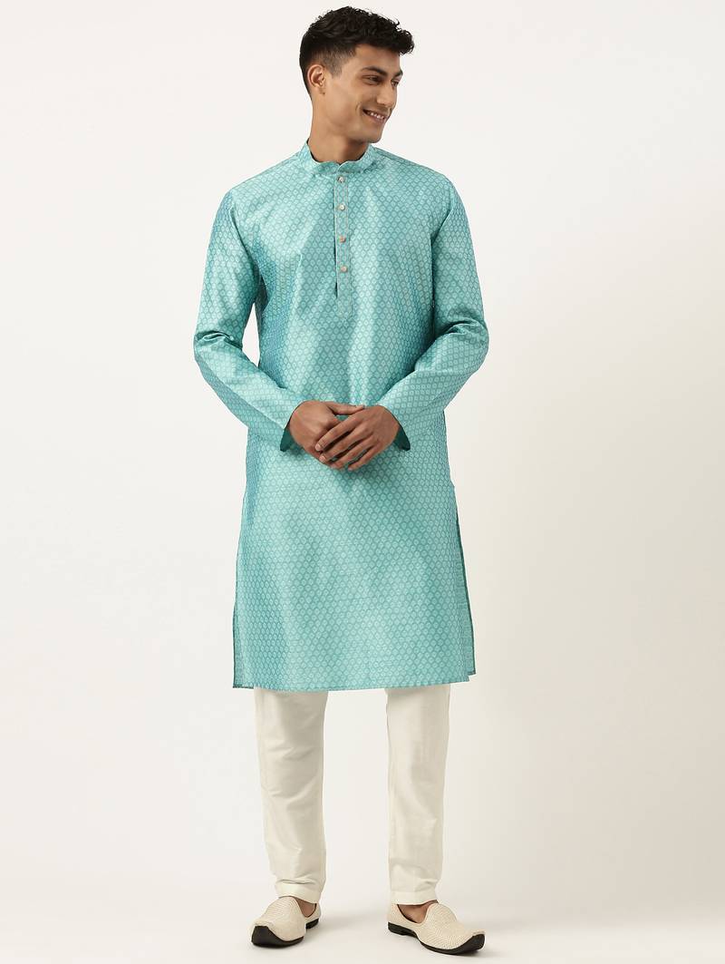 Bluish green jacquard silk kurta pajama
