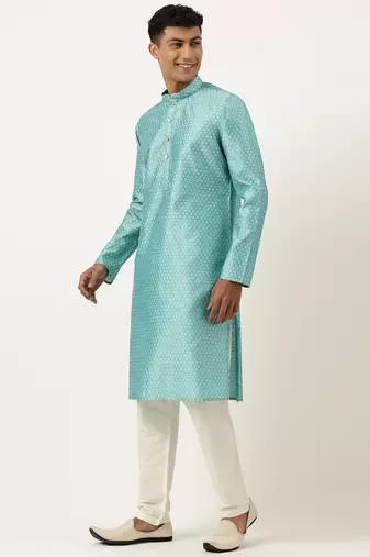 Bluish green jacquard silk kurta pajama