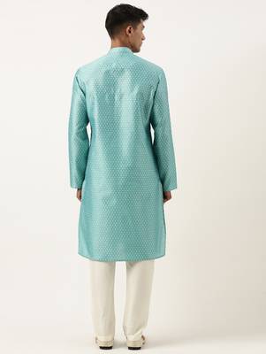 Bluish green jacquard silk kurta pajama 5