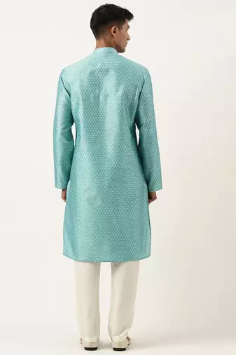 Bluish green jacquard silk kurta pajama