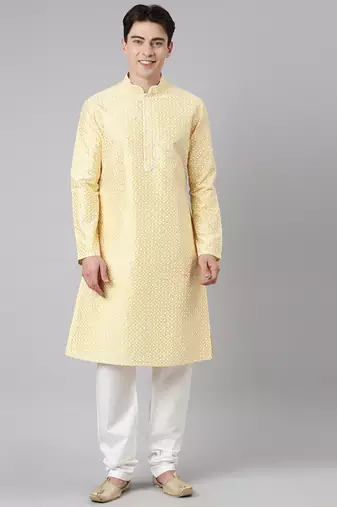 Festive yellow silk chikankari kurta pajama