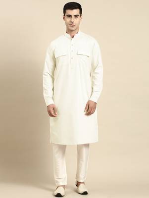 Cream pure cotton pathani kurta pajama with patch pocket 1
