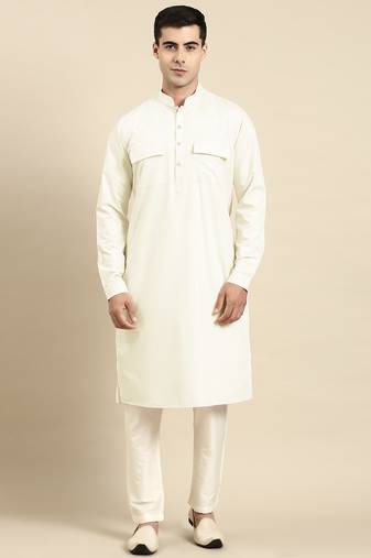 Cream pure cotton pathani kurta pajama with patch pocket