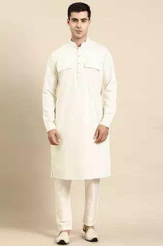 Cream pure cotton pathani kurta pajama with patch pocket