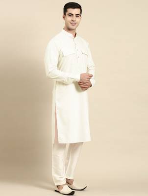 Cream pure cotton pathani kurta pajama with patch pocket 4