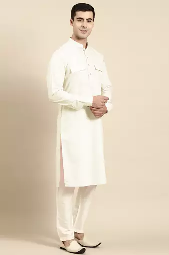 Cream pure cotton pathani kurta pajama with patch pocket