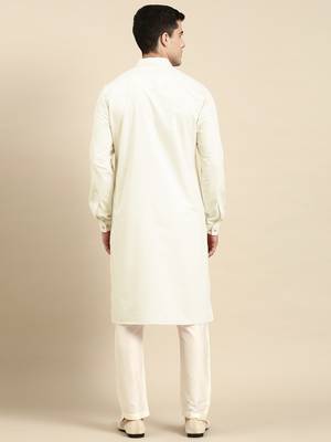 Cream pure cotton pathani kurta pajama with patch pocket 5