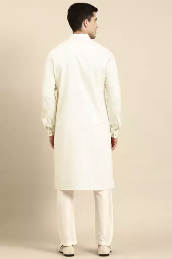 Cream pure cotton pathani kurta pajama with patch pocket