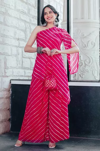 Pink One Shoulder Women Kurta Set Laheriya Print Kurta Set