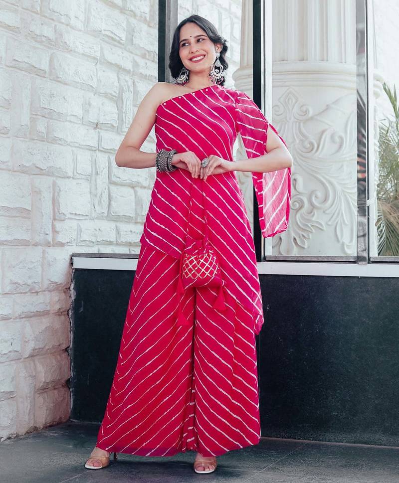 Pink One Shoulder Women Kurta Set Laheriya Print Kurta Set