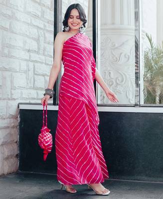 Pink One Shoulder Laheriya Print Kurta Set 2
