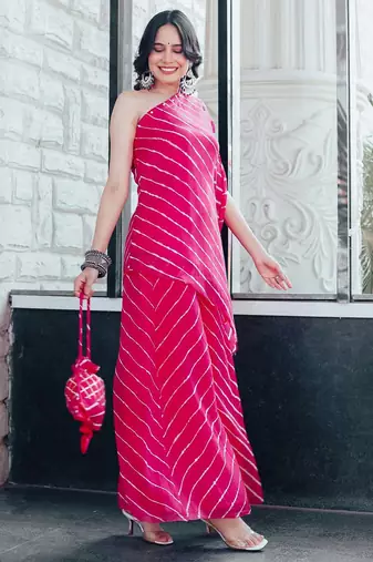 Pink One Shoulder Laheriya Print Kurta Set
