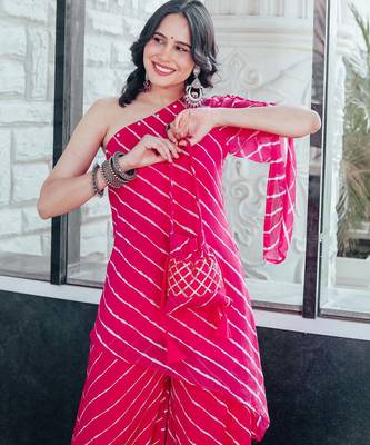 Pink One Shoulder Laheriya Print Kurta Set 3