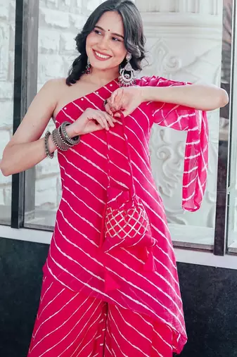 Pink One Shoulder Laheriya Print Kurta Set