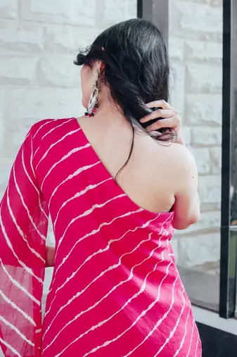 Pink One Shoulder Laheriya Print Kurta Set